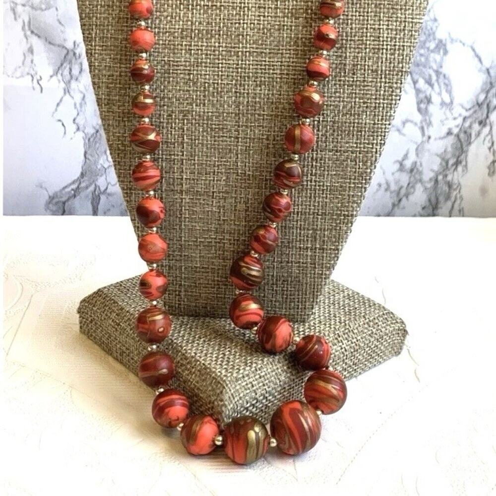 Vintage Red Black Gold Marbled Swirl Bead Necklace 22" Barrel Clasp 70's Retro